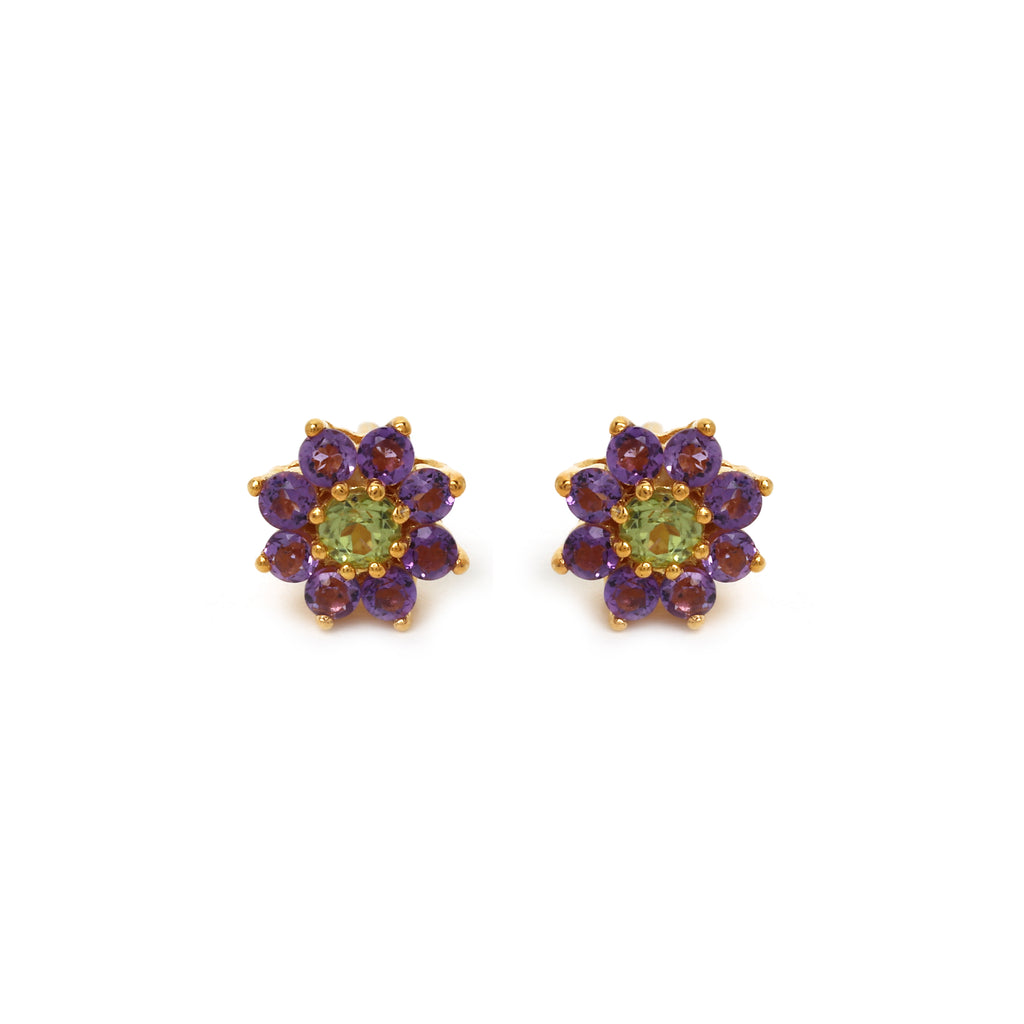 Peridot and amethyst floral stud earrings in 14K gold plated sterling silver