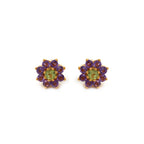 Floral stud earrings with amethyst and peridot gemstones in gold setting, elegant handcrafted jewelry