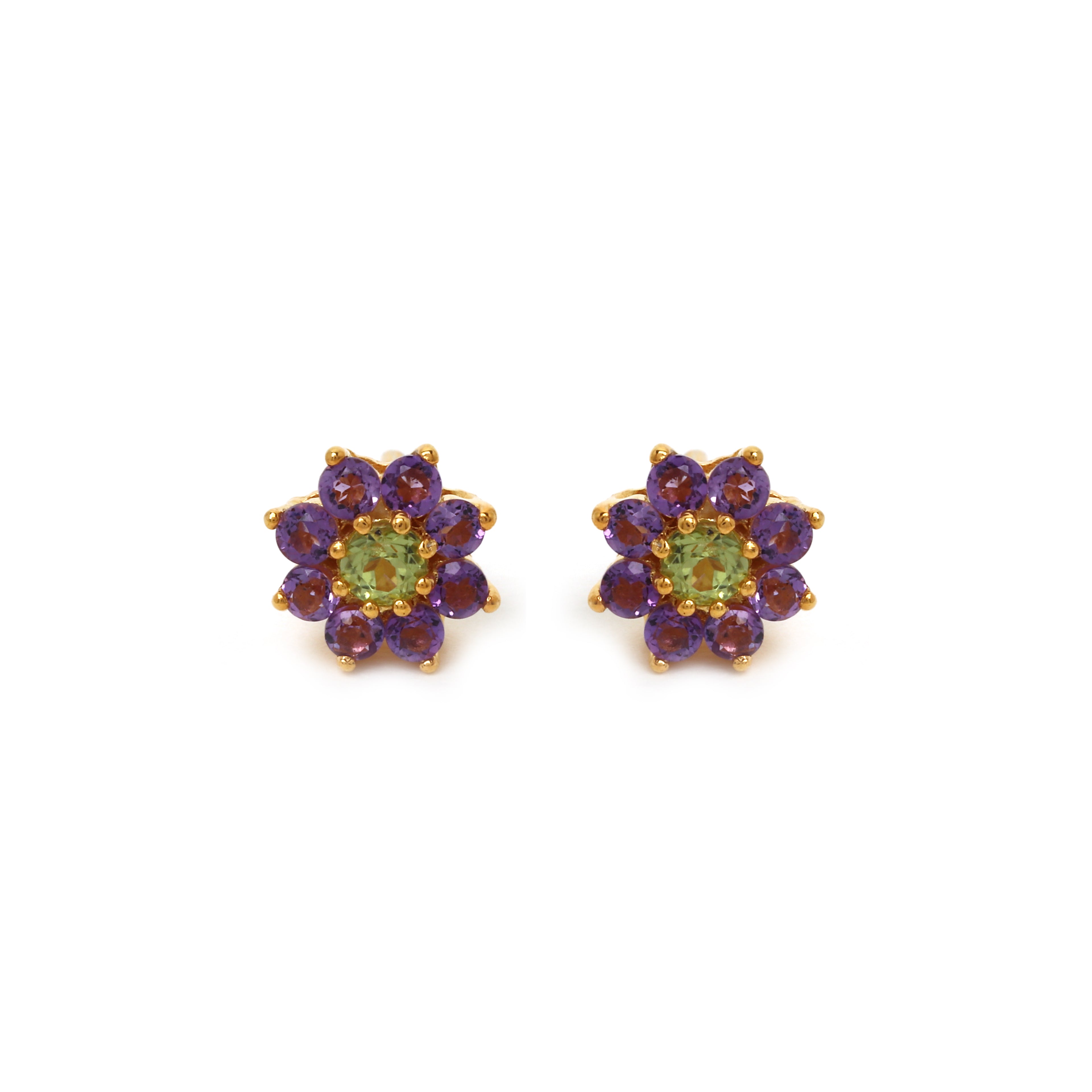 Peridot and amethyst floral stud earrings in 14K gold plated sterling silver