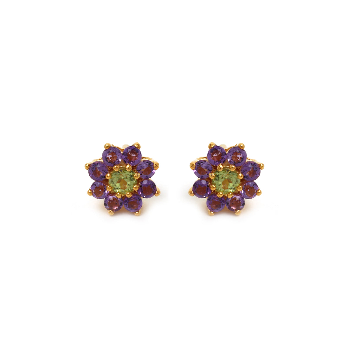 Peridot & Amethyst Floral Stud Earrings in 925 Sterling Silver