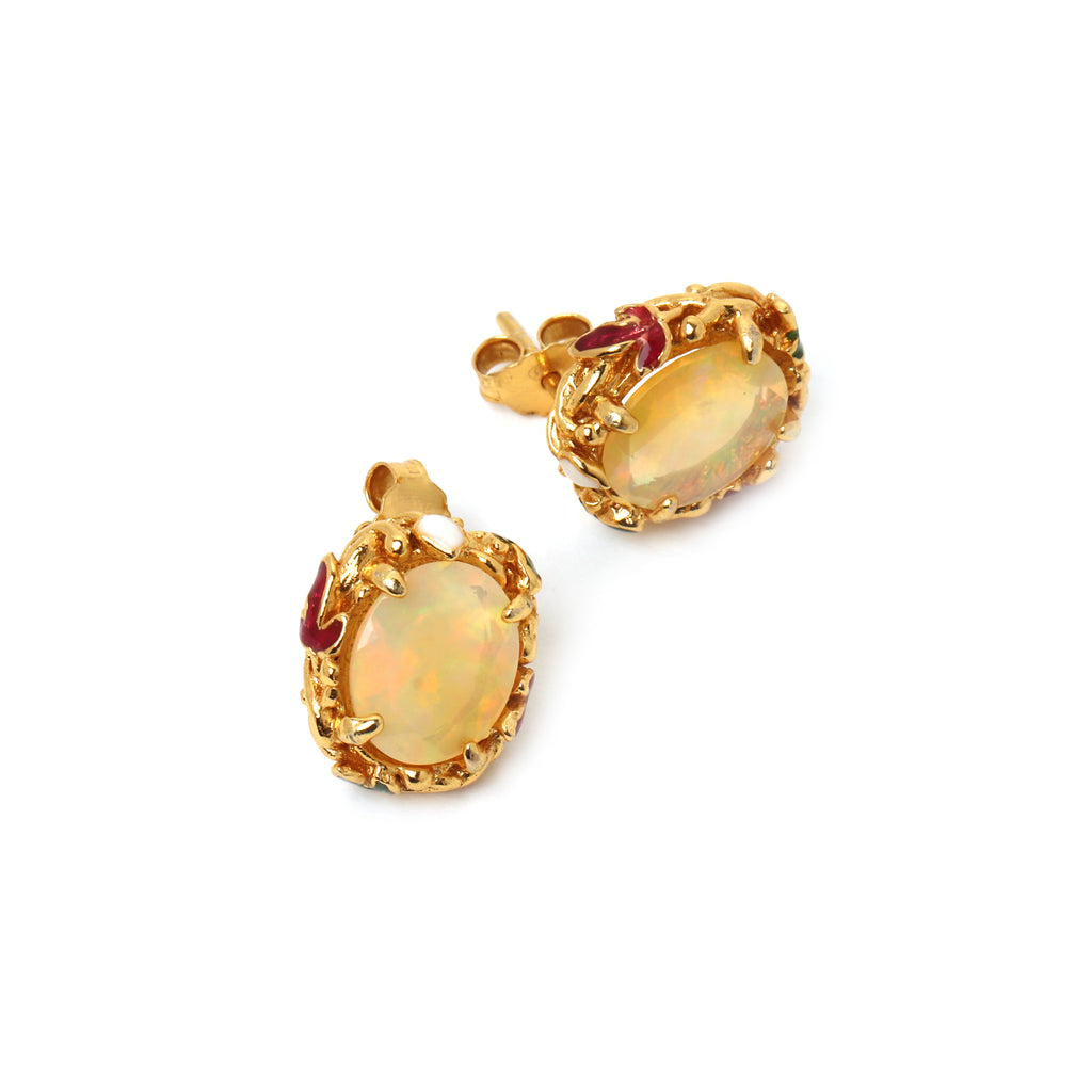 Natural white opal stud earrings in 14K gold plated sterling silver