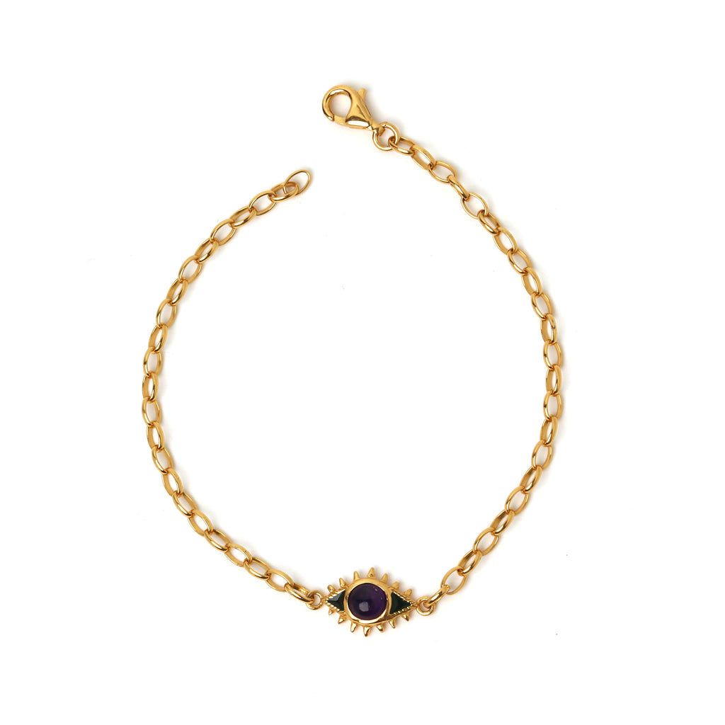 Natural amethyst evil eye bracelet in gold plated sterling silver