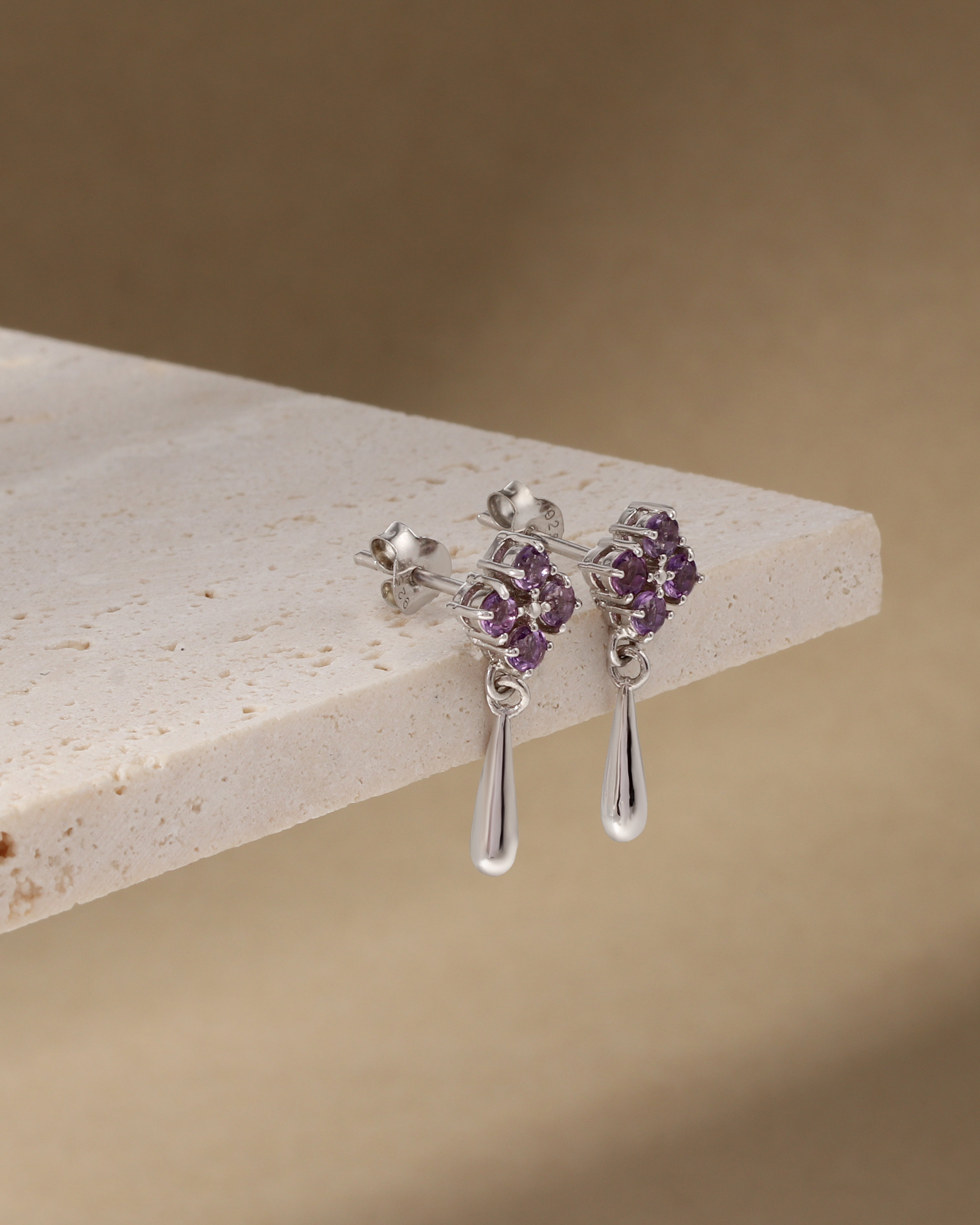 Amethyst silver drop earrings with butterfly closure