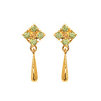 Gold drop earrings with green gemstone cluster and teardrop charm, elegant handmade jewelry