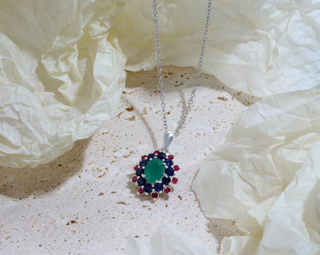 Emerald, Blue Sapphire & Ruby Flower Cluster Pendant in 925 Sterling Silver