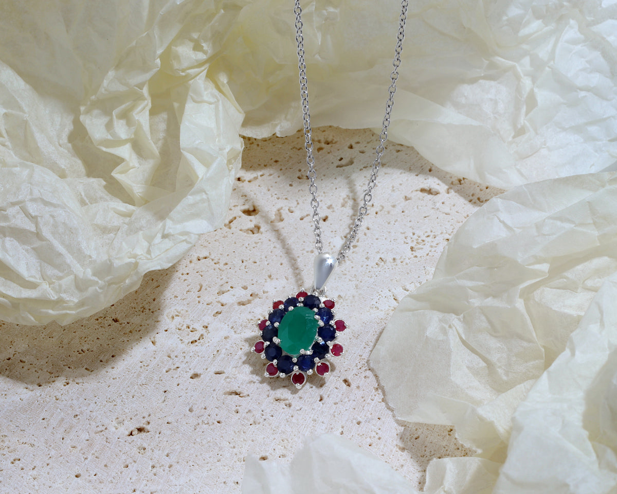 Emerald, Blue Sapphire & Ruby Flower Cluster Pendant in 925 Sterling Silver
