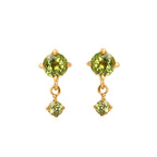 Gold-tone earrings with green peridot gemstones, elegant dangle design for everyday wear