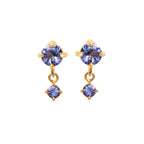 Gold drop earrings with round purple gemstones, elegant sterling silver jewelry design