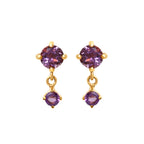 Gold drop earrings with round purple gemstones, elegant dangle design for women