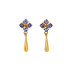 Gold drop earrings with purple gemstone cluster, elegant handmade jewelry