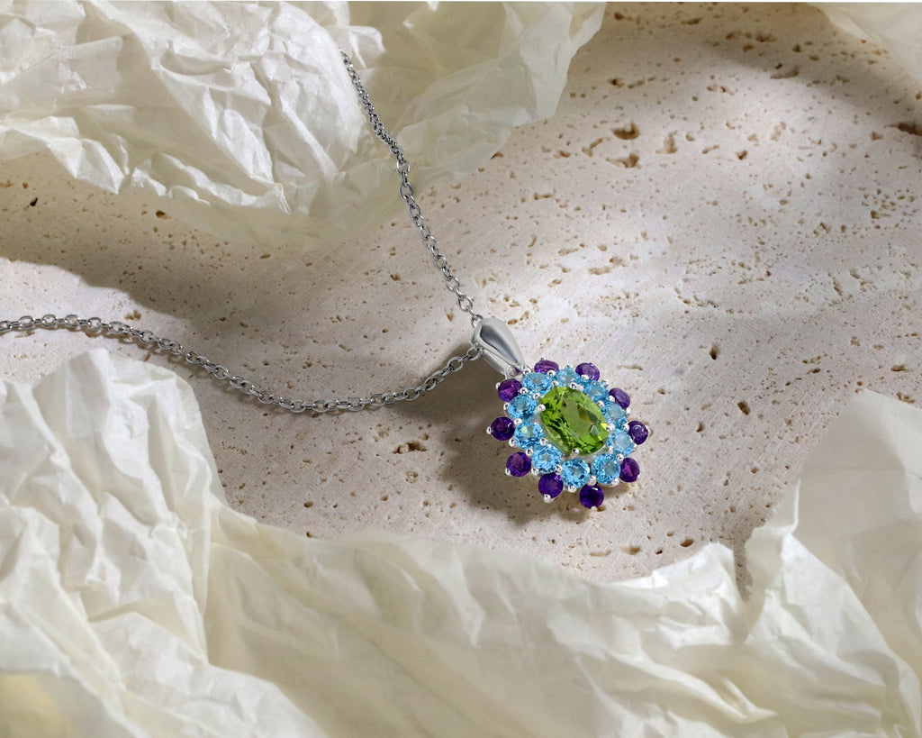 Peridot, Blue Topaz & Amethyst Flower Cluster Pendant in 925 Sterling Silver