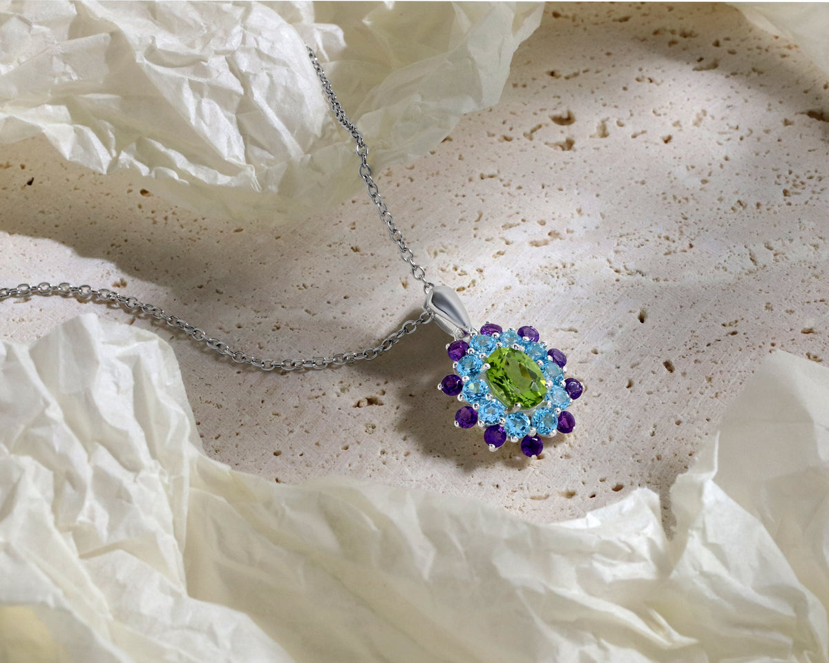 Peridot, Blue Topaz & Amethyst Flower Cluster Pendant in 925 Sterling Silver