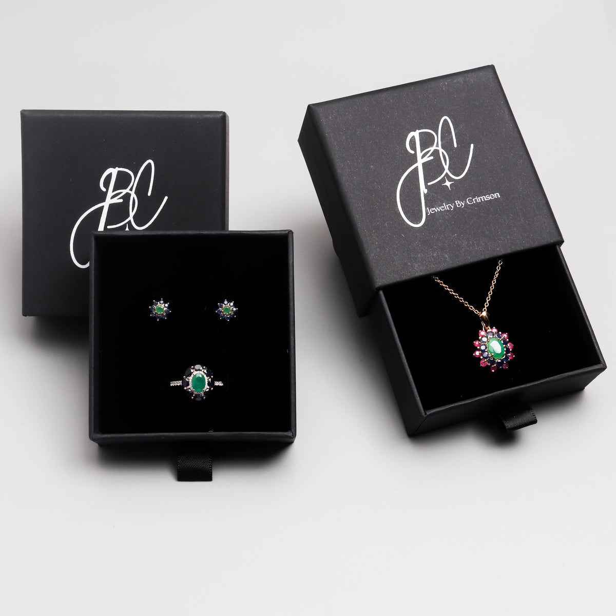 Emerald & Ruby Cluster Stud Earrings in 18K Gold-Plated Sterling Silver