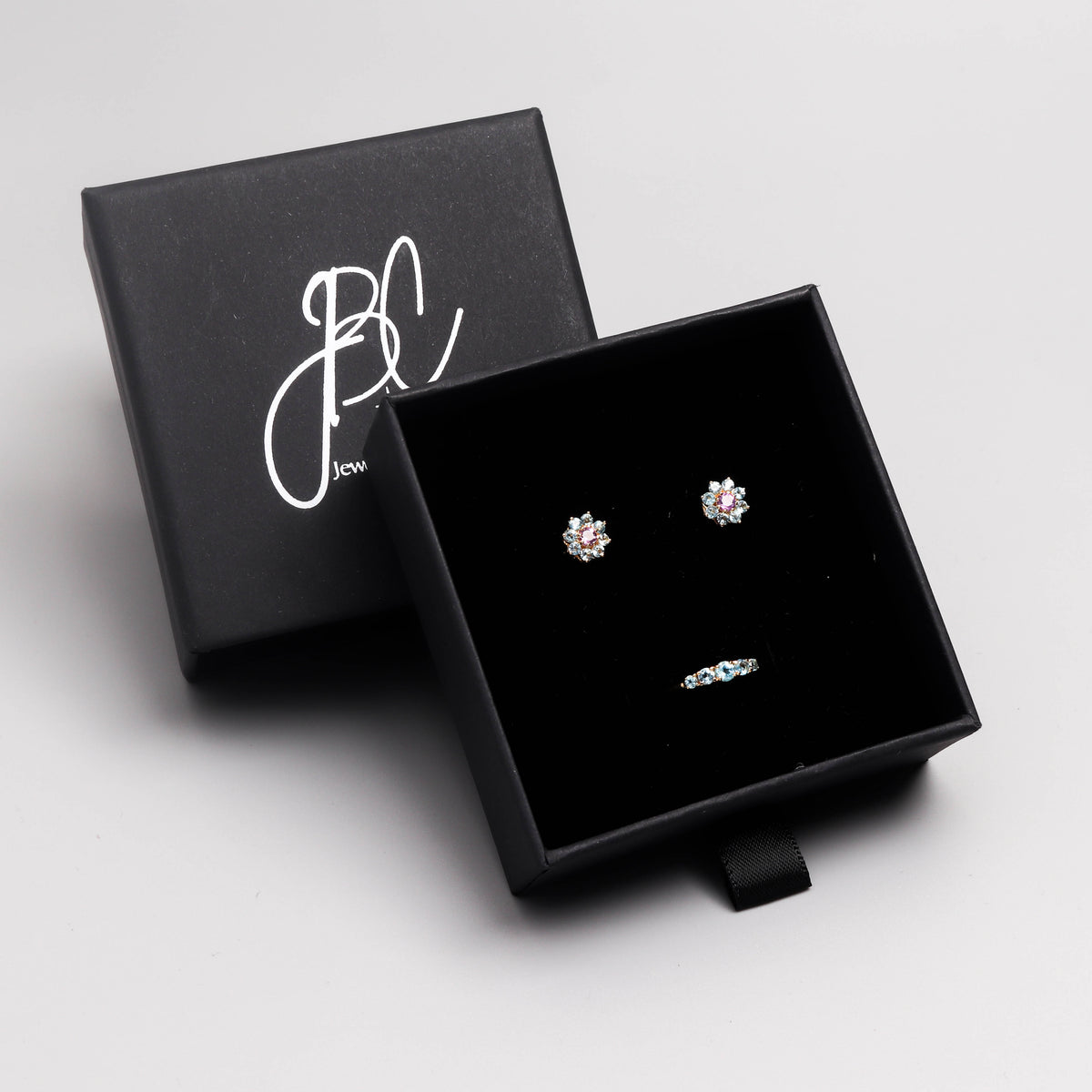 Amethyst & Blue Topaz Flower Stud Earrings in 18K Gold