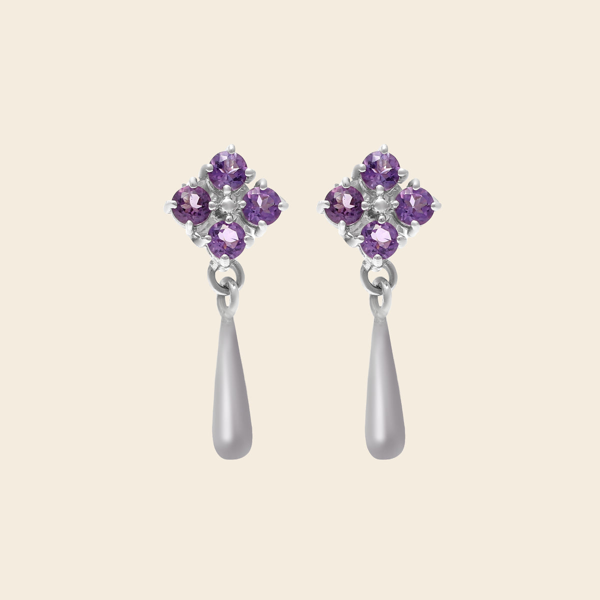 Minimalist amethyst dangle earrings in sterling silver — pair view