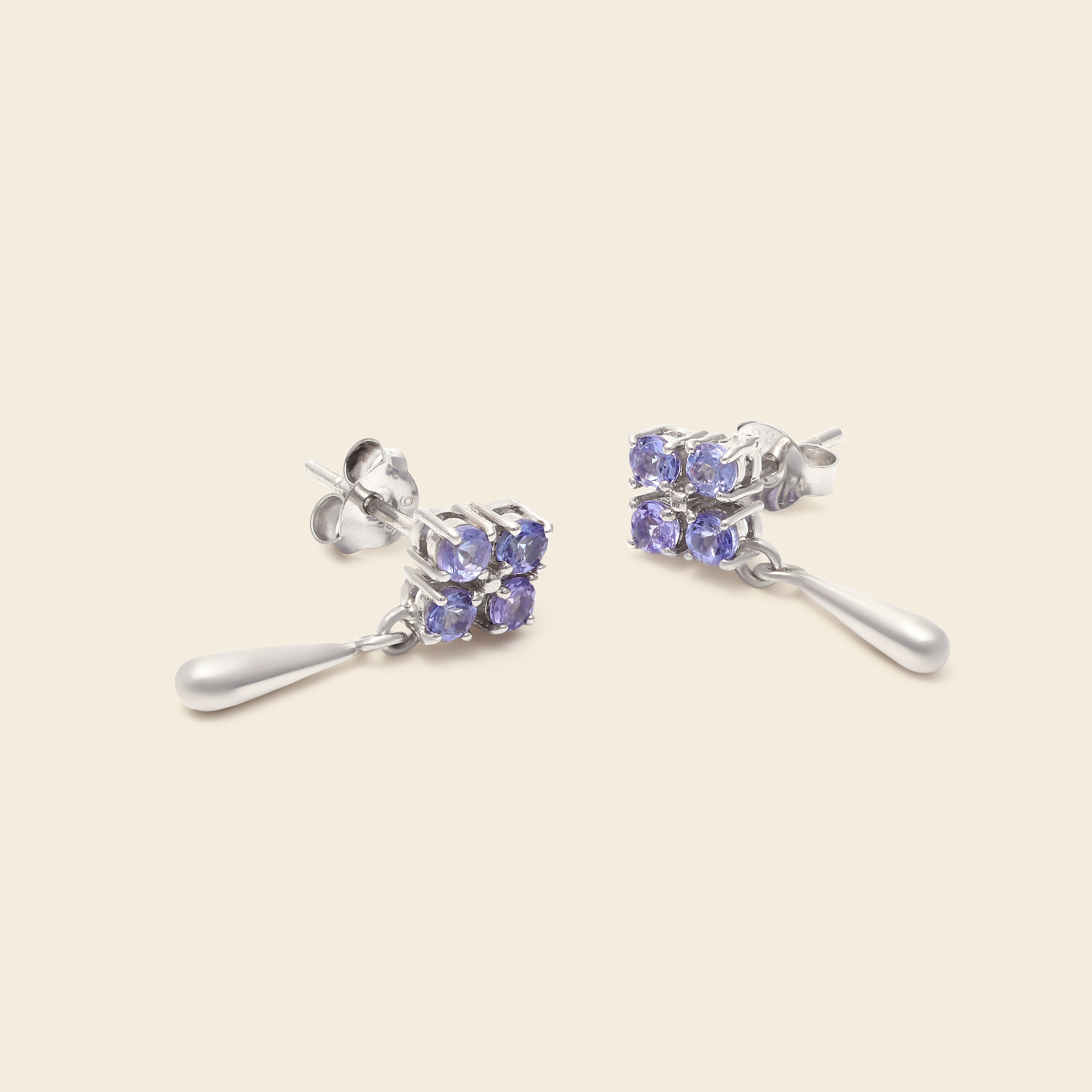 Minimalist tanzanite dangle earrings in sterling silver — pair view