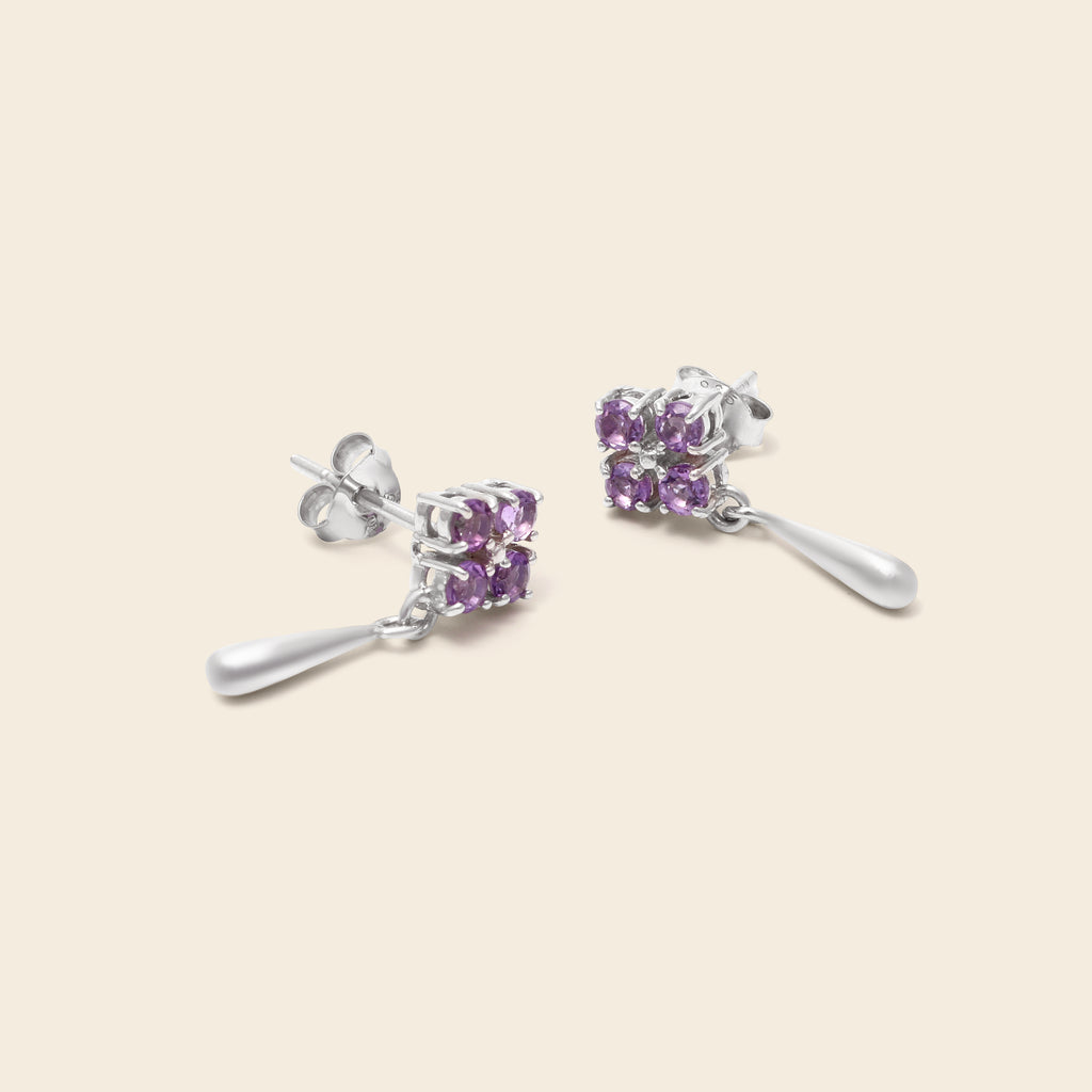 Amethyst dangle drop earrings in polished sterling silver — detail view