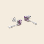Amethyst dangle drop earrings in polished sterling silver — detail view