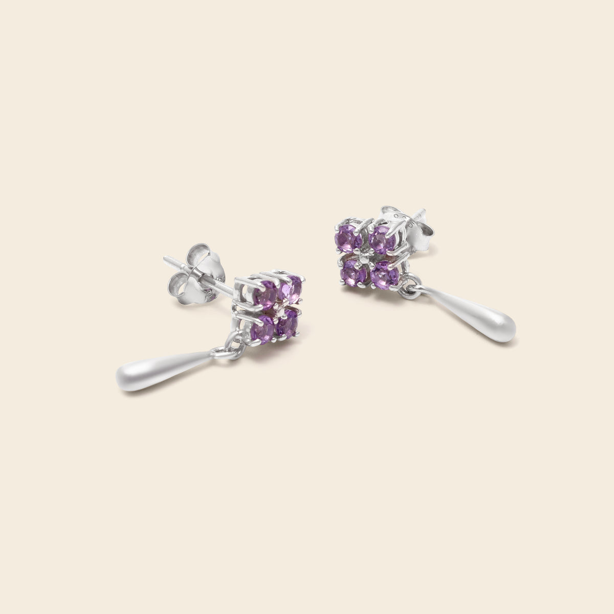 Amethyst dangle drop earrings in polished sterling silver — detail view
