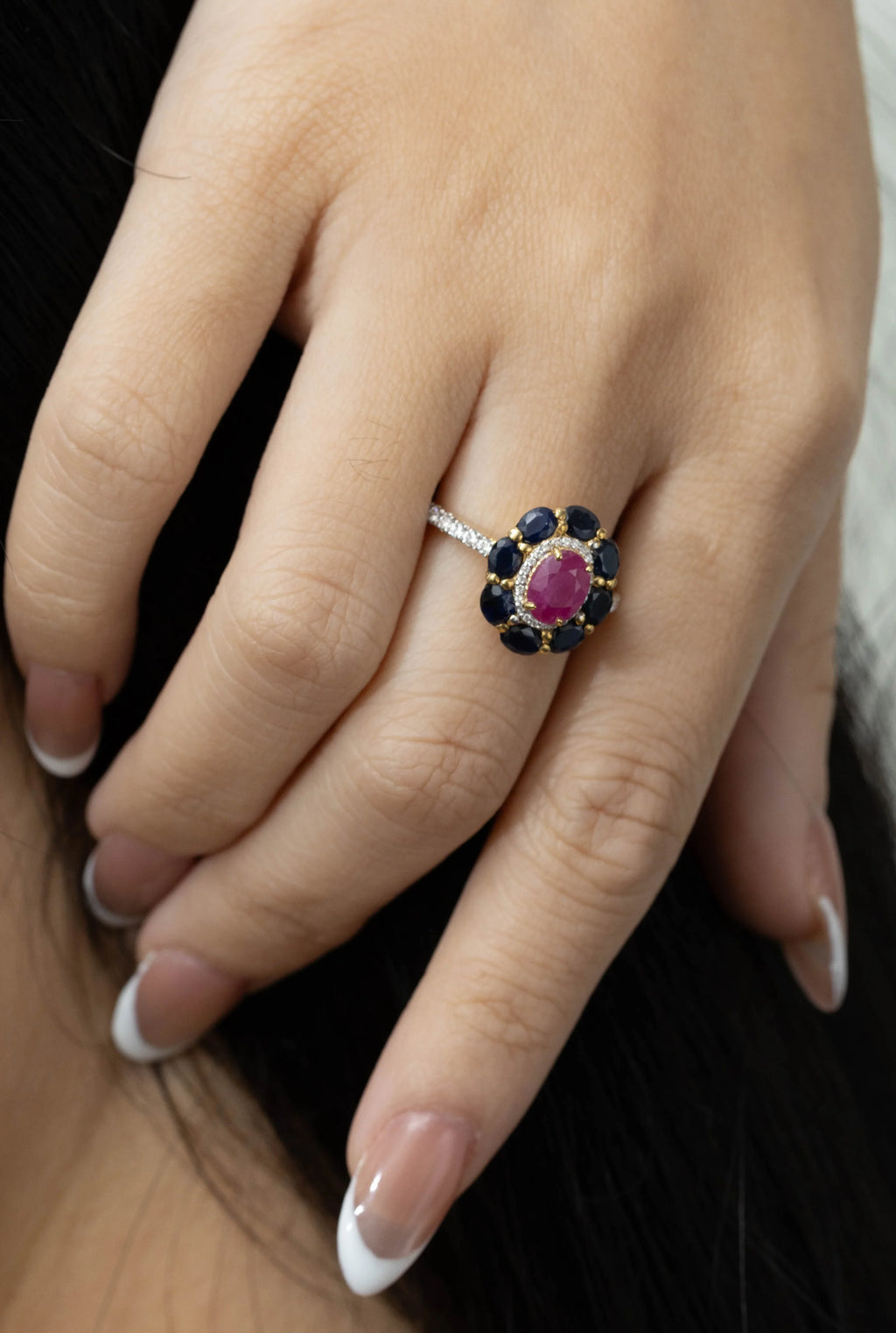 Floral ruby sapphire gemstone ring for women