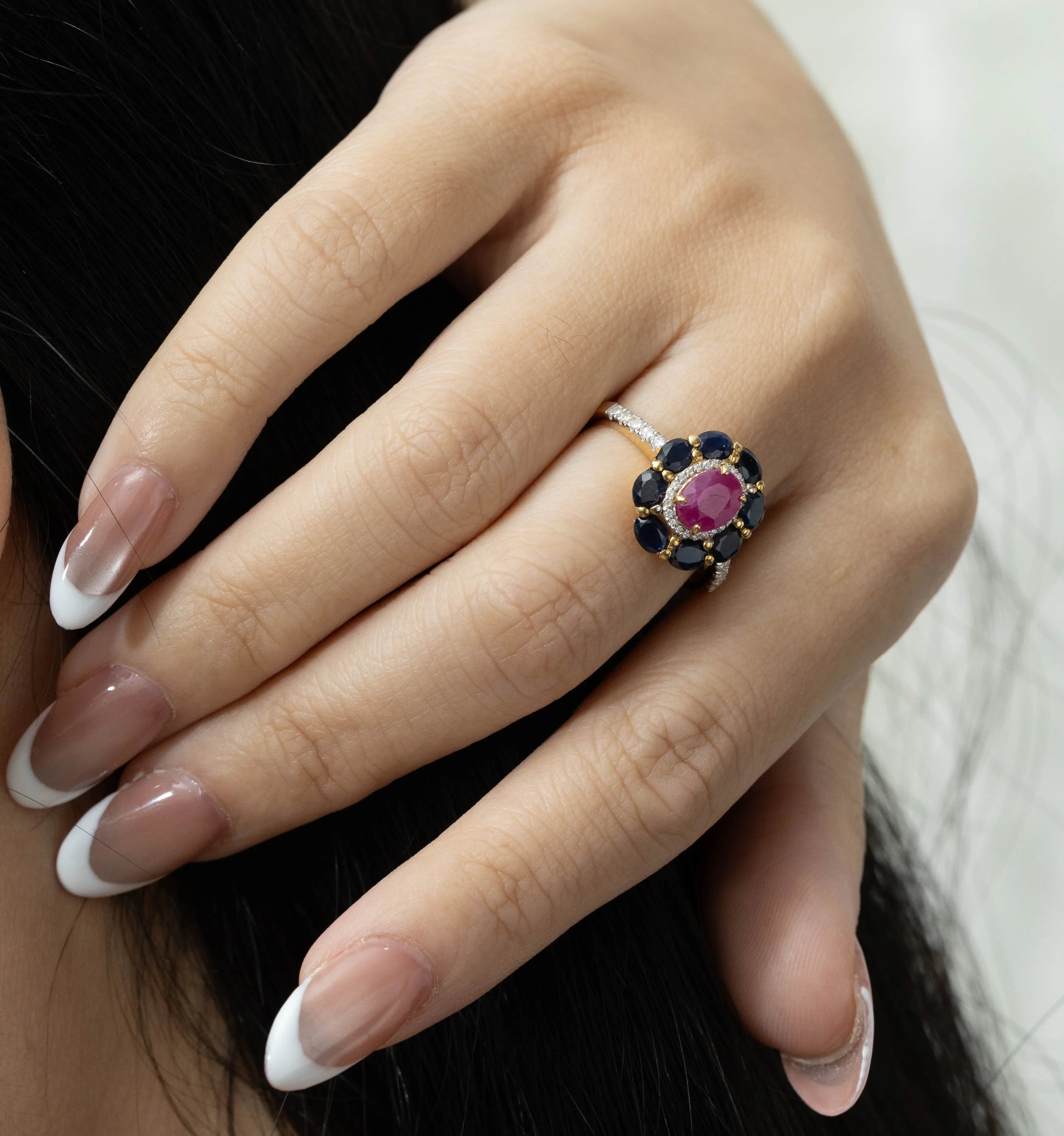 Ruby sapphire statement ring in gold plated silver