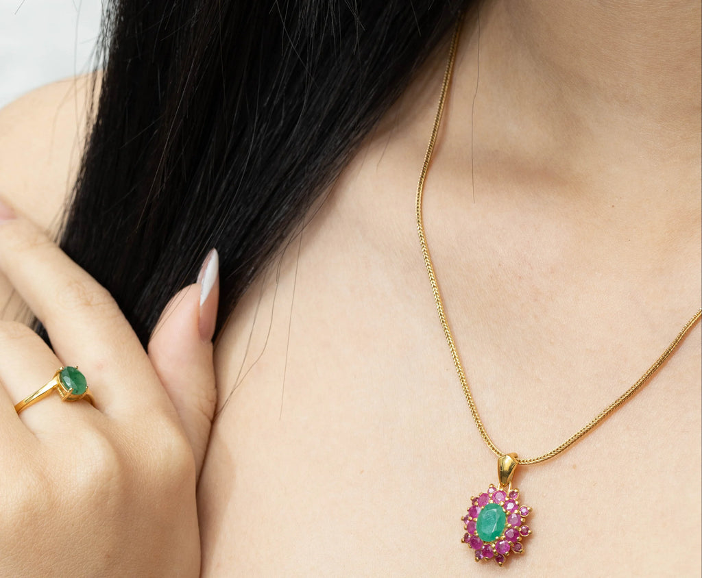 Gold plated emerald ruby gemstone pendant for women