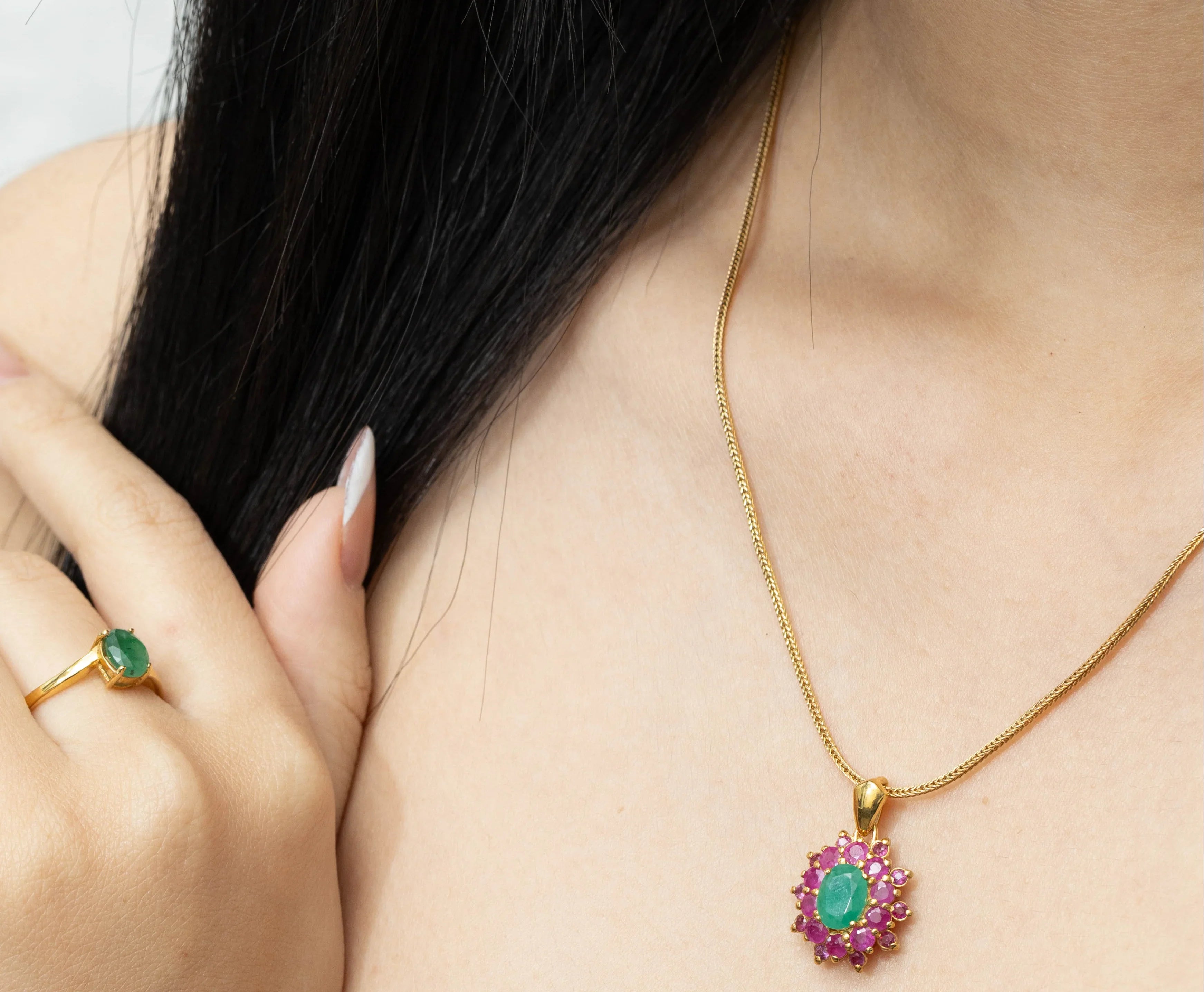Gold plated emerald ruby gemstone pendant for women