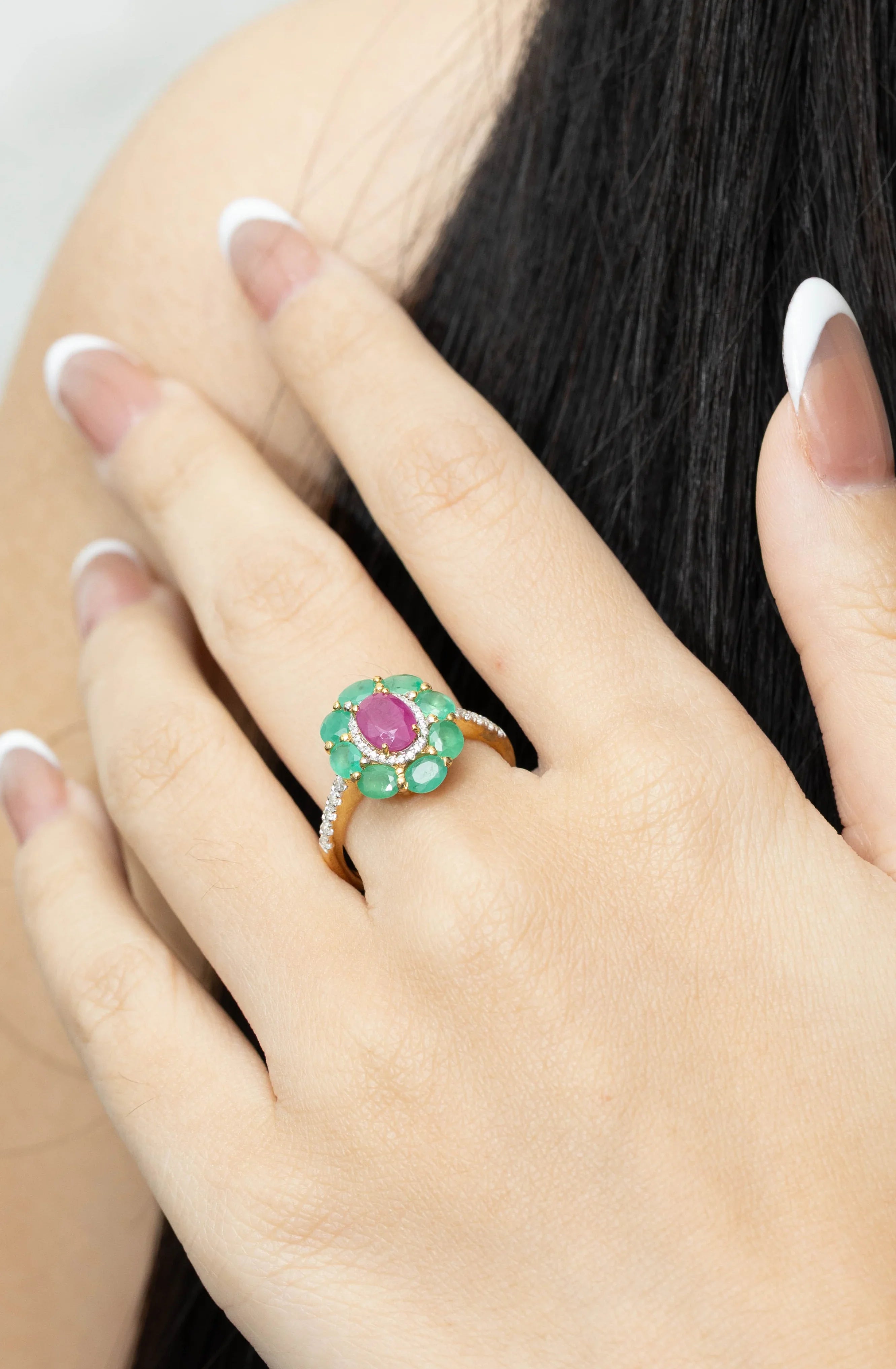 Floral ruby emerald gemstone ring for women