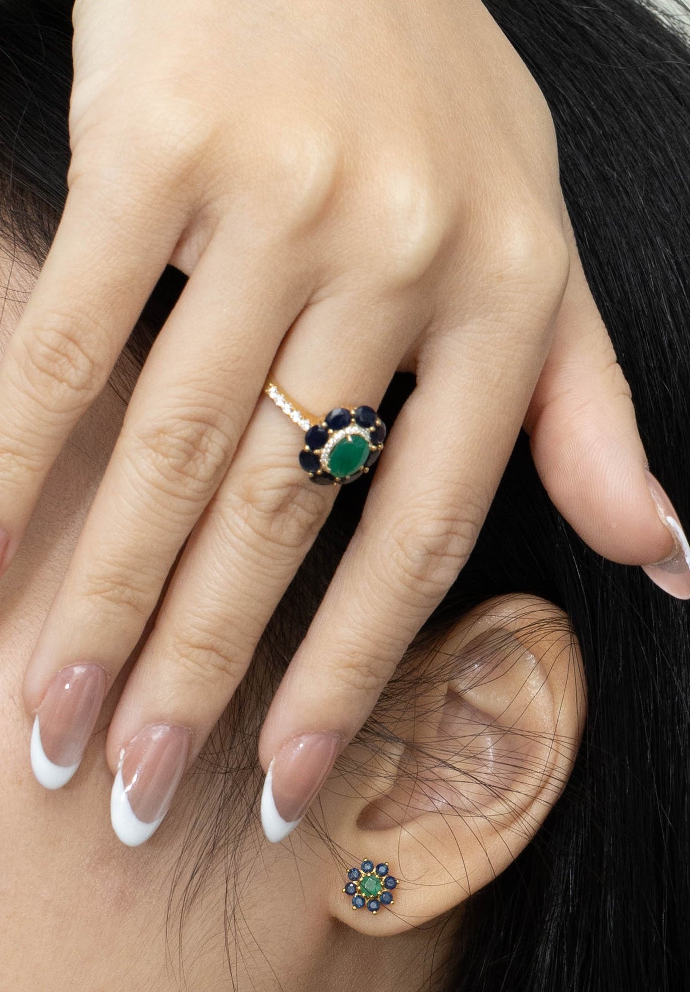 Emerald sapphire statement ring in gold plated silver