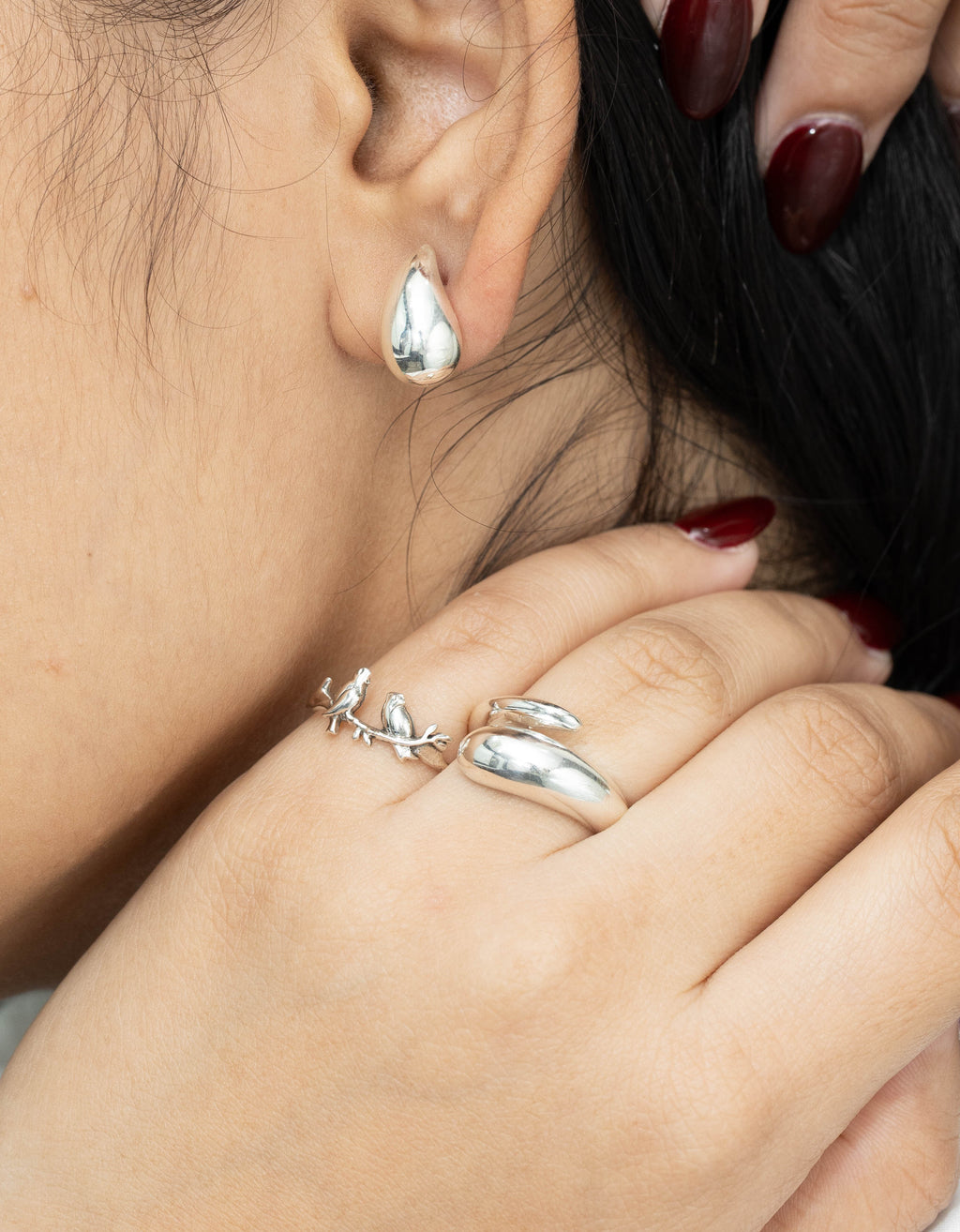 Minimalist bird branch ring with silver finish