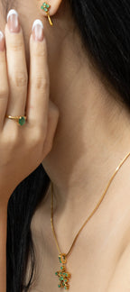 Gold necklace with green gemstone pendant, matching ring and earrings, elegant jewelry set