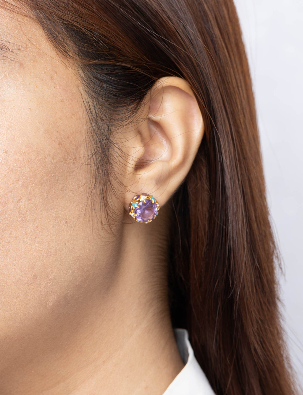 Purple amethyst gemstone earrings with enamel detailing