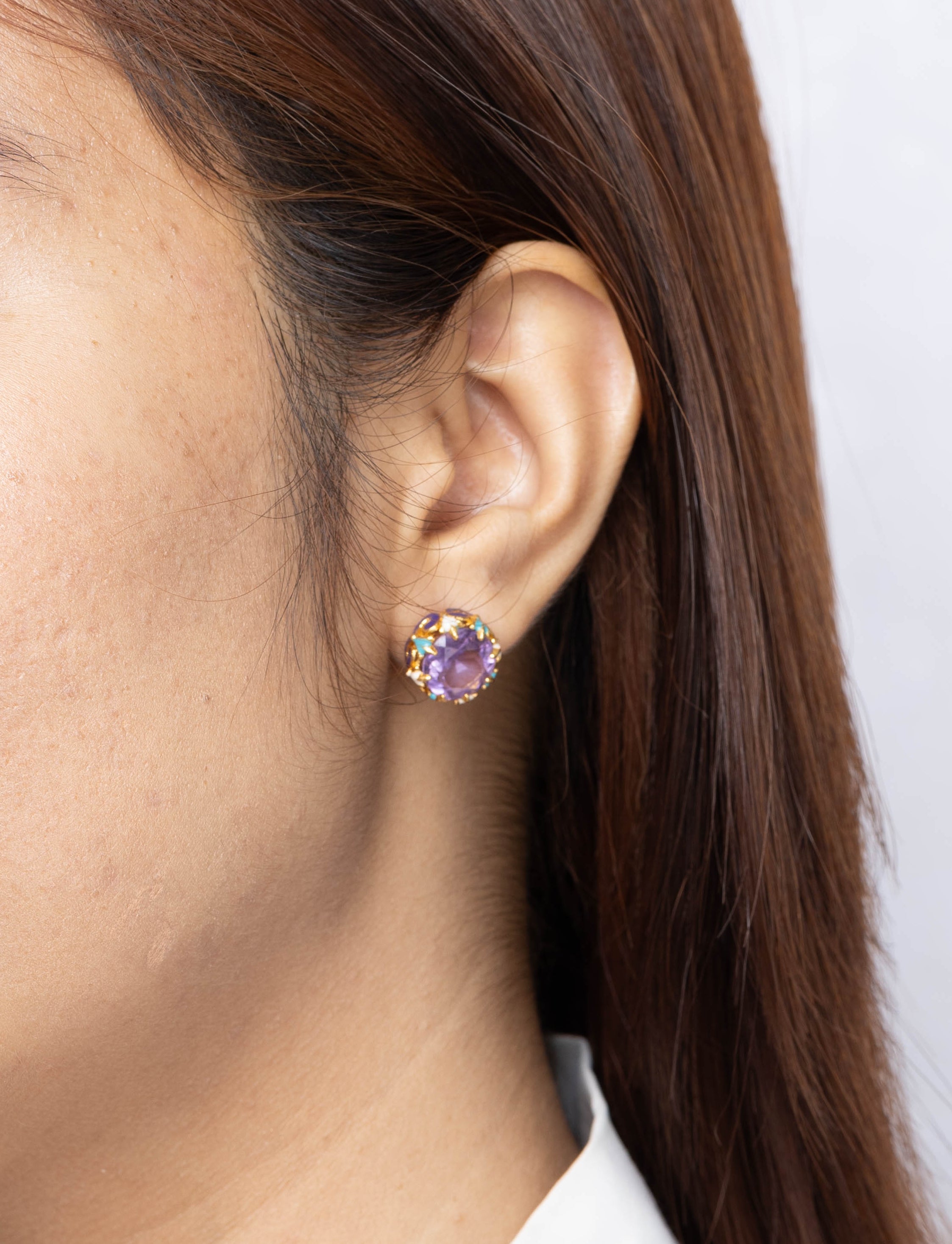 Purple amethyst gemstone earrings with enamel detailing