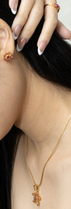 Gold necklace with pink gemstone pendant, matching earrings and ring, elegant jewelry set