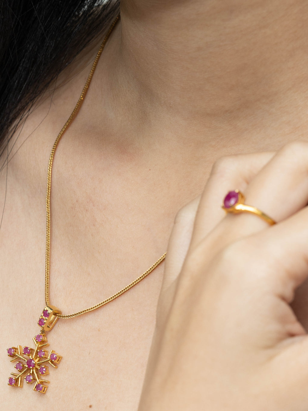 Ruby statement pendant in gold plated silver