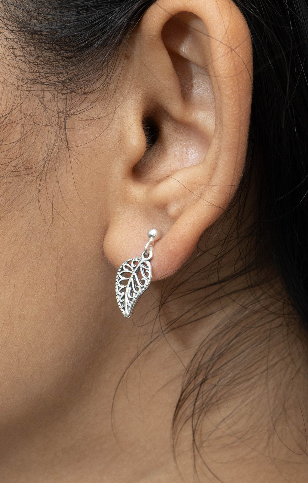 Nature inspired silver leaf drop earrings for women