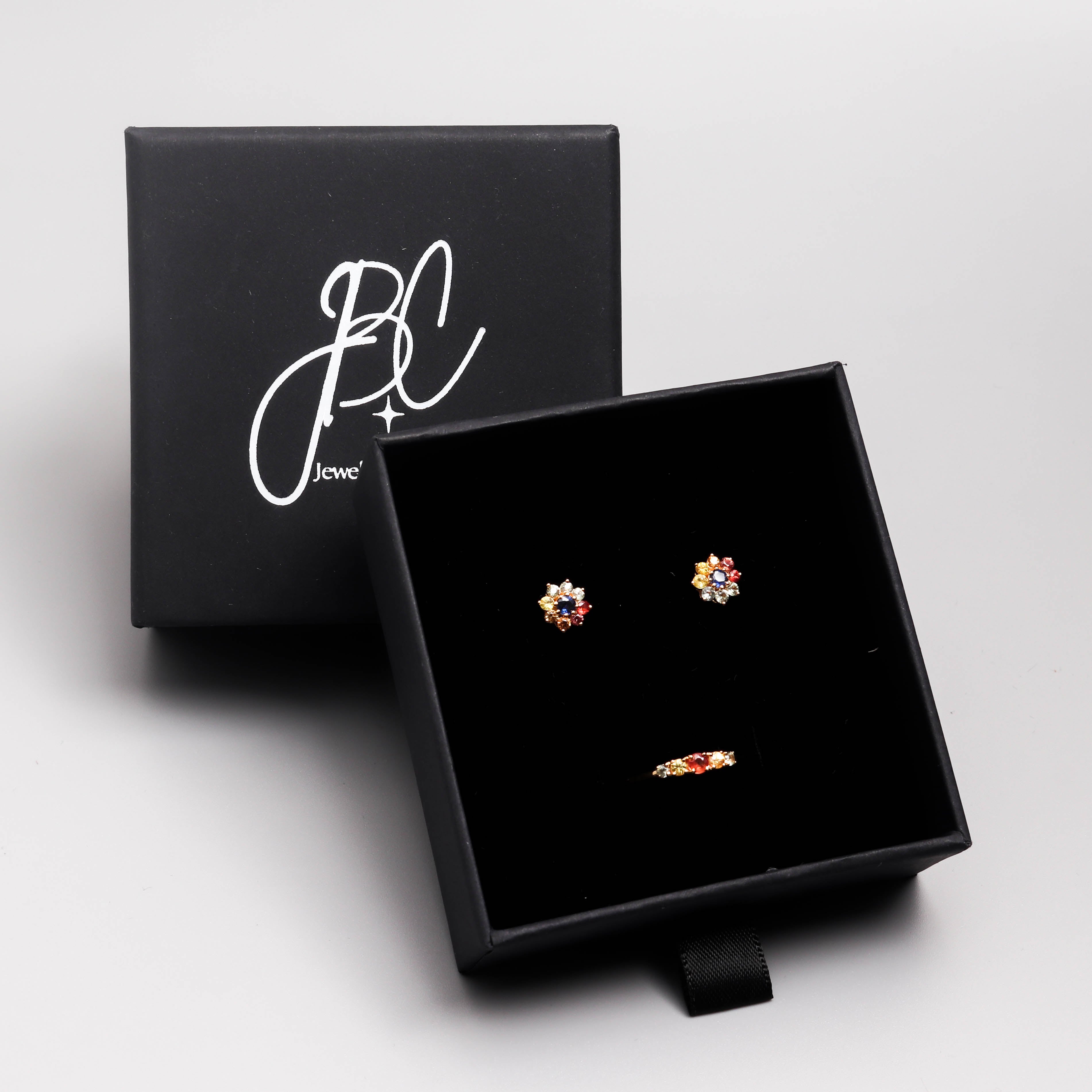Rainbow Sapphire Floral Stud Earrings in 18K Gold