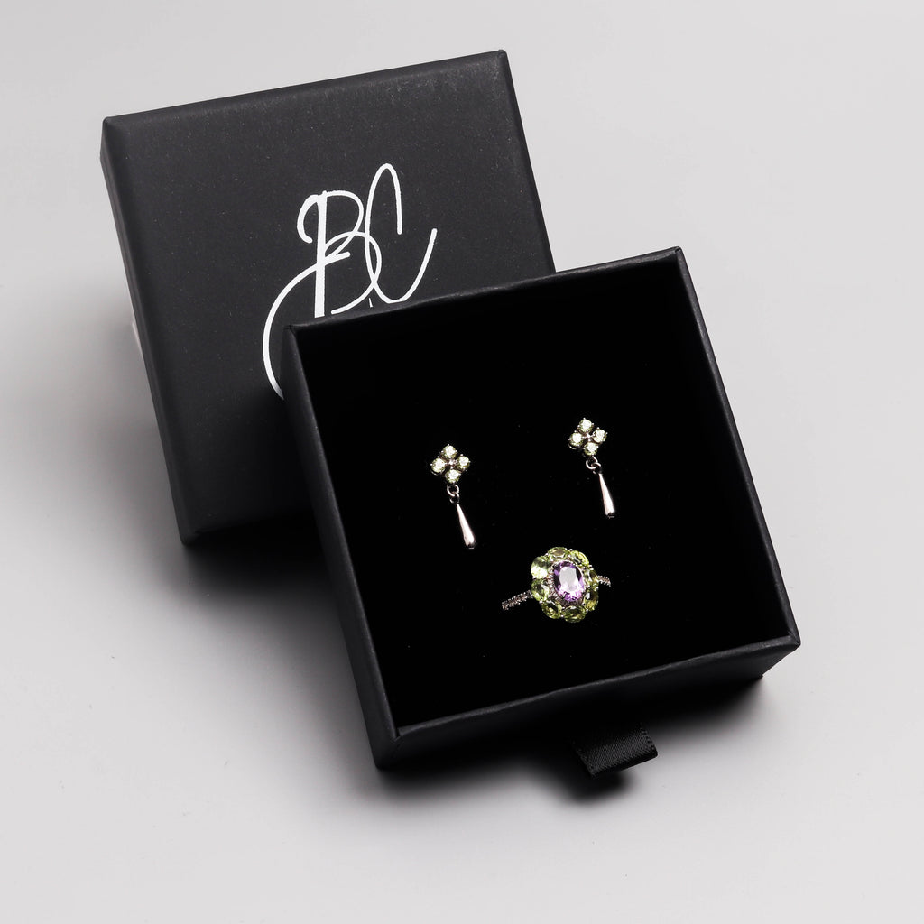 Floral Amethyst & Peridot Halo Ring in 925 Sterling Silver