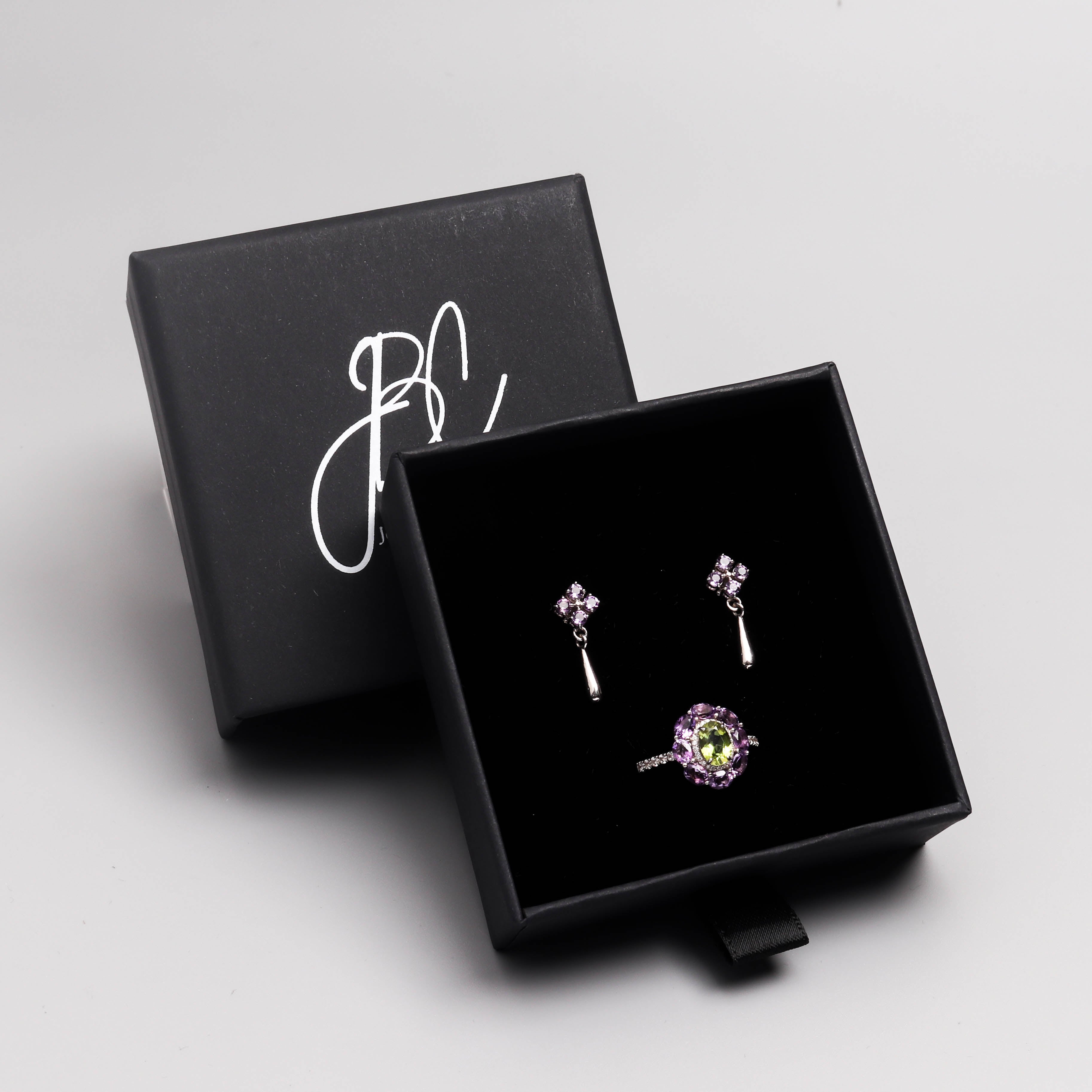 Peridot & Amethyst Halo Ring in 925 Sterling Silver