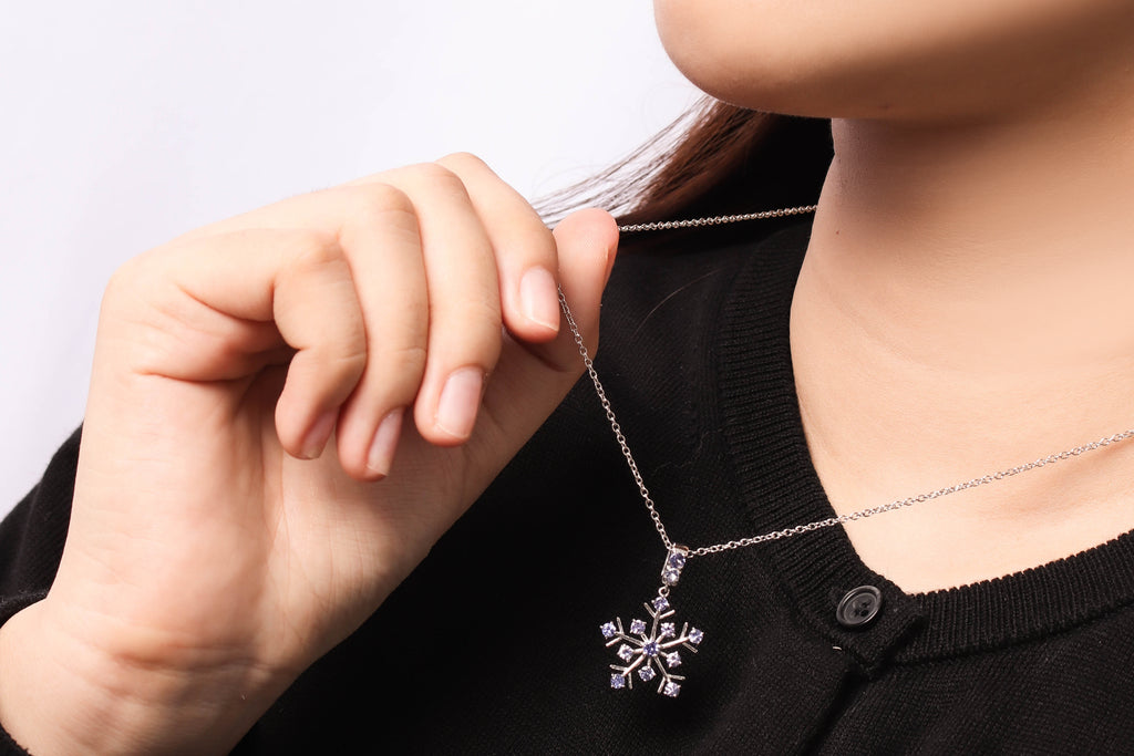 Natural tanzanite snowflake necklace charm handcrafted in Bangkok