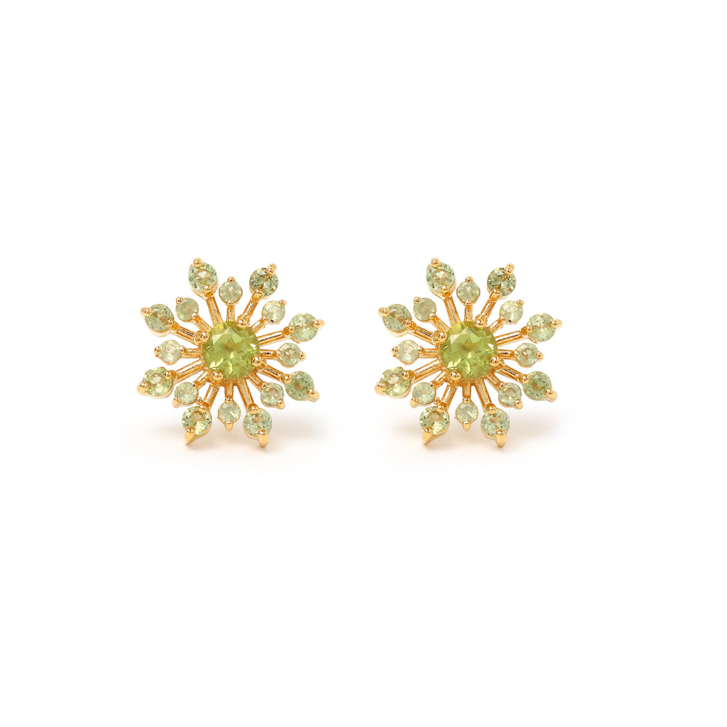 Peridot snowflake stud earrings in 18K gold plated sterling silver by Jewelry By Crimson