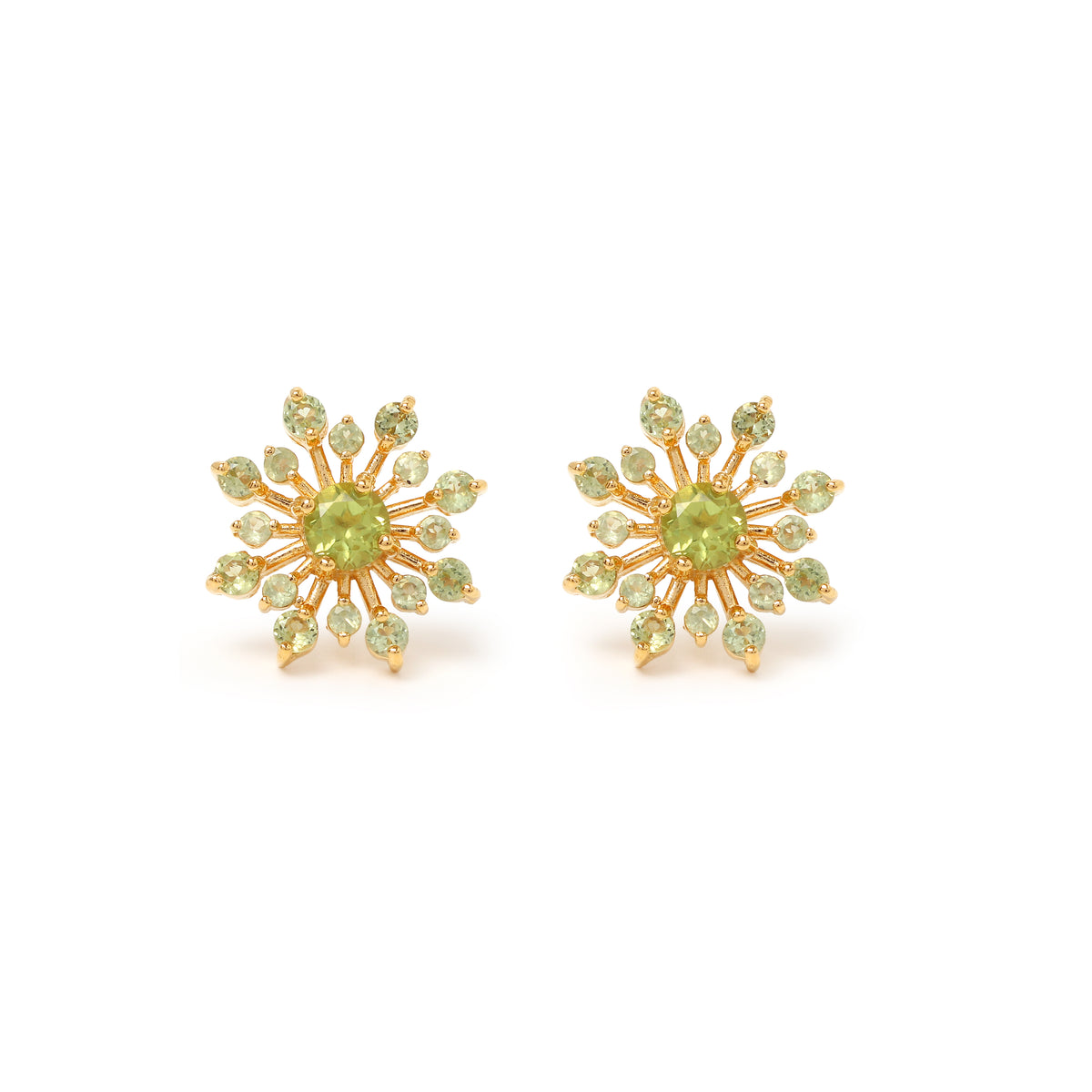 Peridot snowflake stud earrings in 18K gold plated sterling silver by Jewelry By Crimson