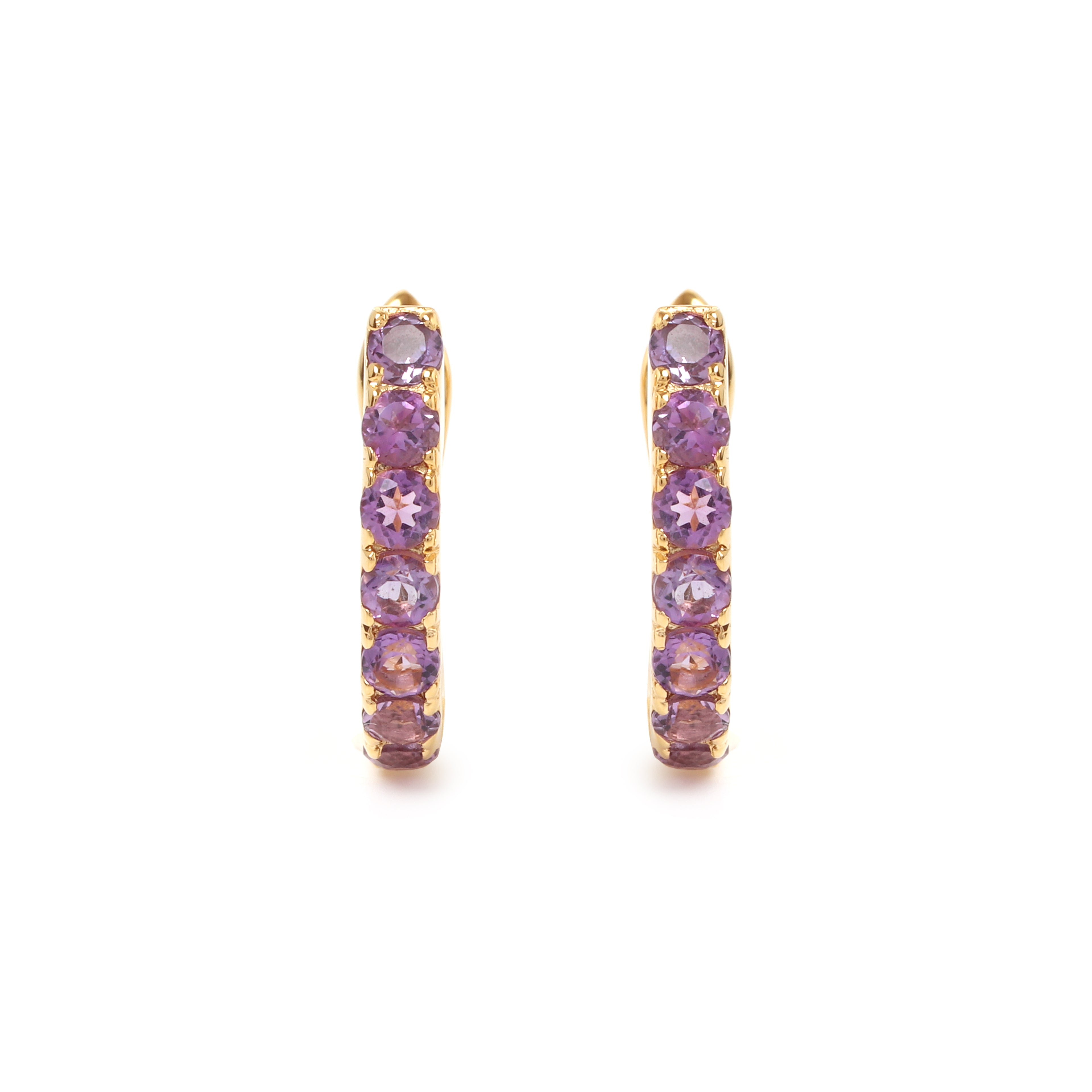 Gold huggie earrings with natural amethyst — pair view