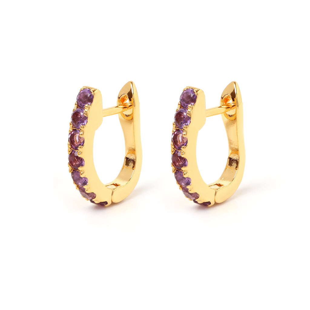 Amethyst huggie hoop earrings in 18K gold plated sterling silver by Jewelry By Crimson