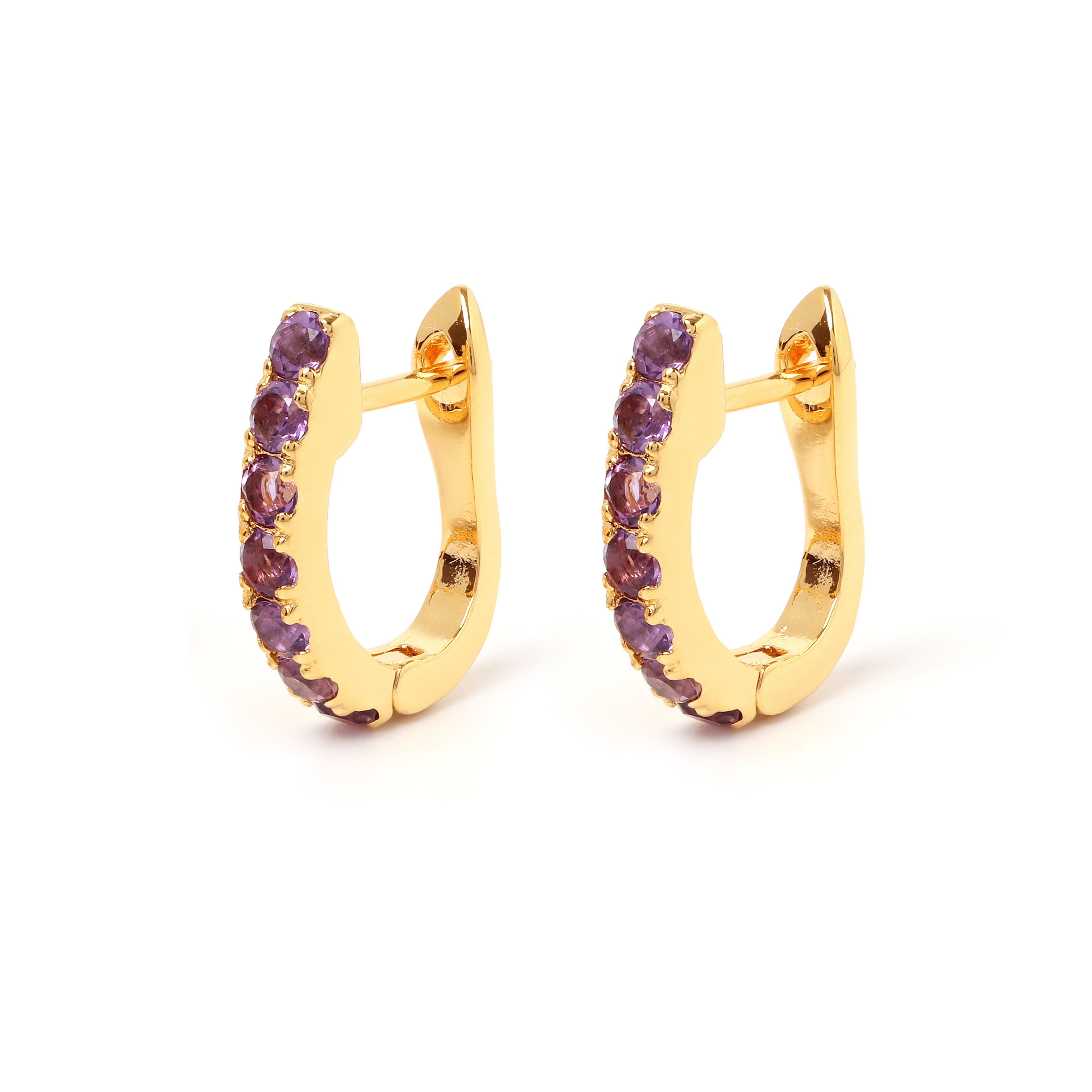 Amethyst huggie hoop earrings in 18K gold plated sterling silver by Jewelry By Crimson