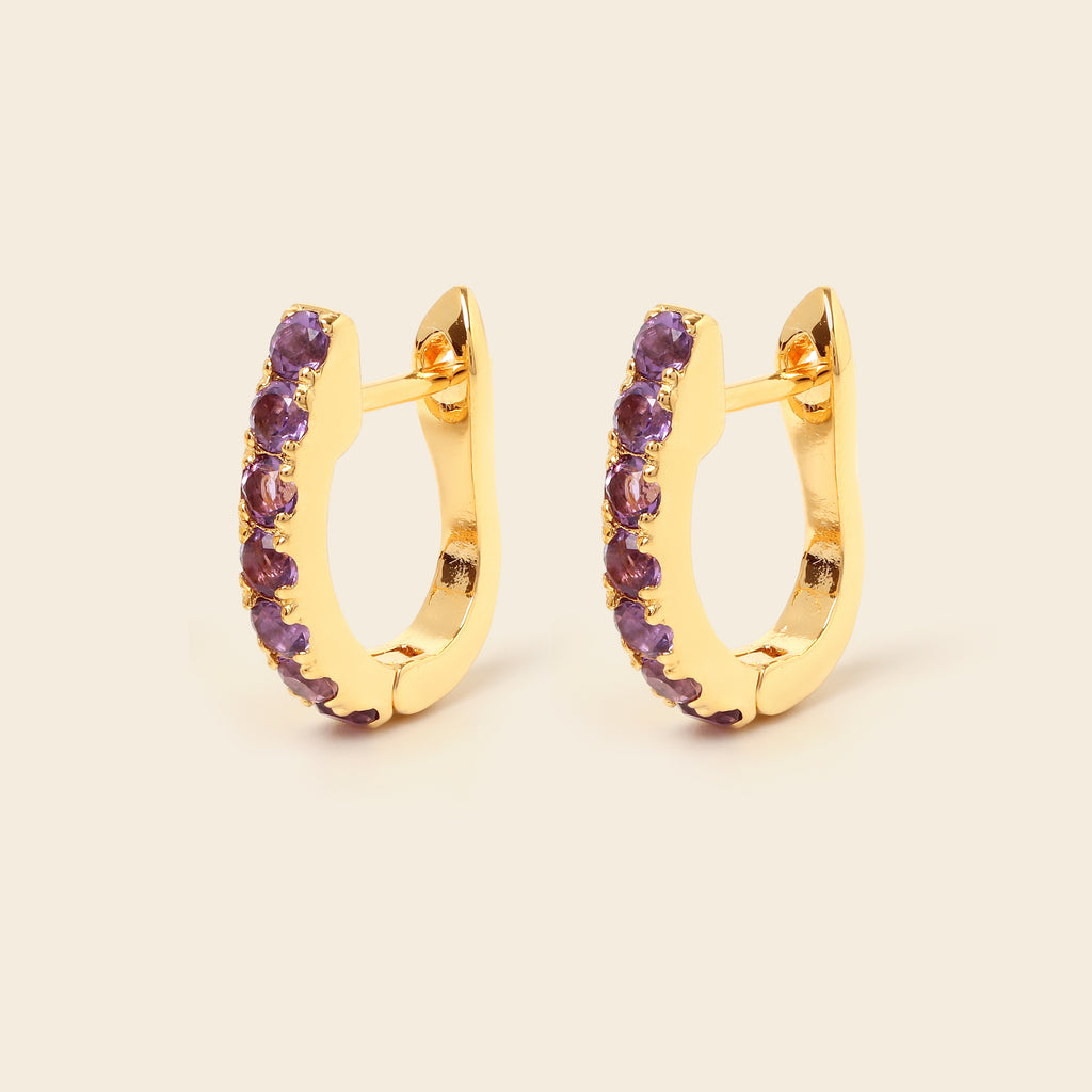 Amethyst gemstone huggie hoops in 18K gold — detail view