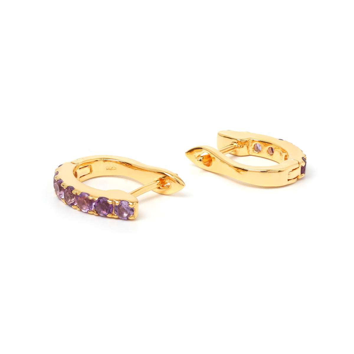Amethyst huggie hoop earrings in 18K gold — display view