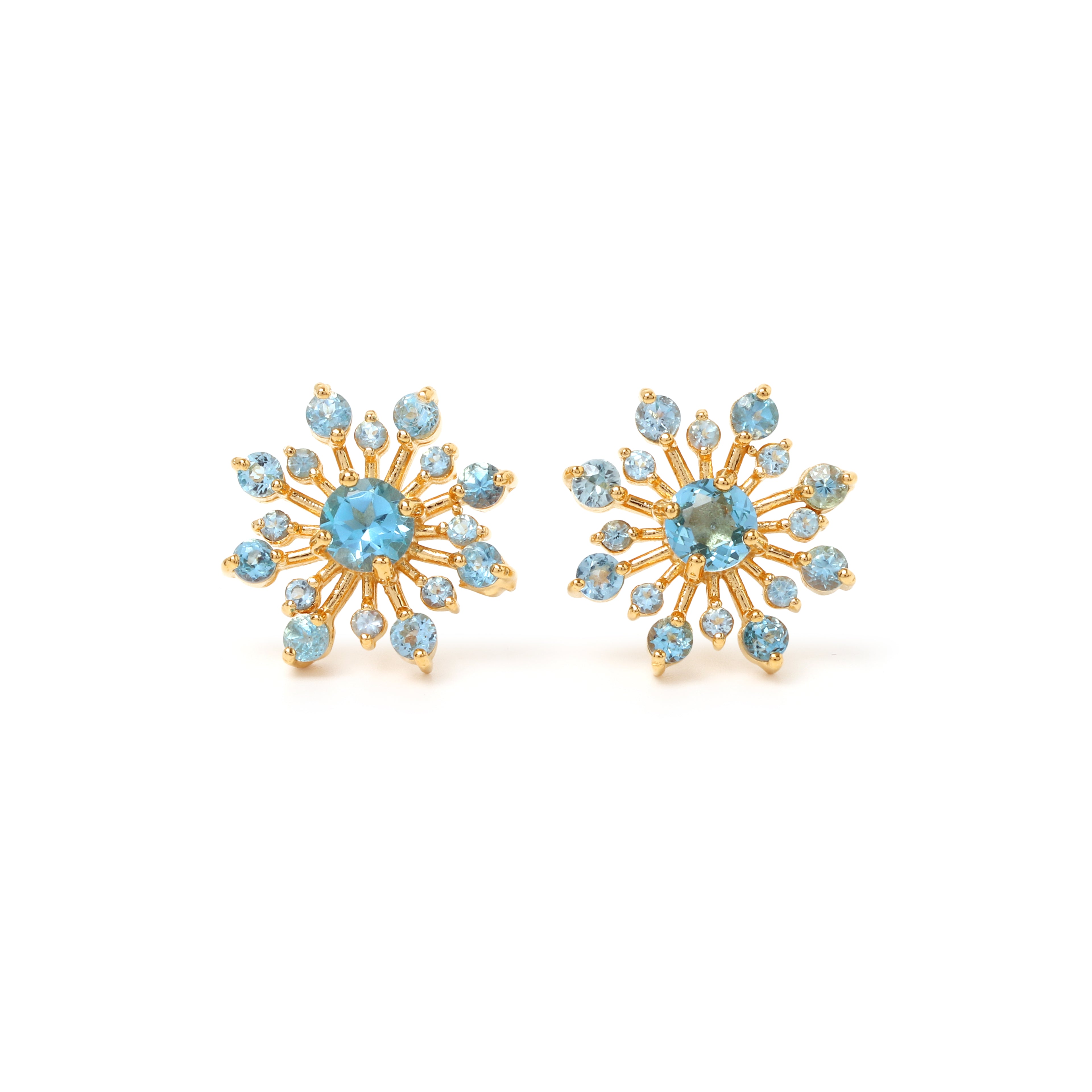 Blue topaz snowflake stud earrings in 18K gold plated sterling silver by Jewelry By Crimson