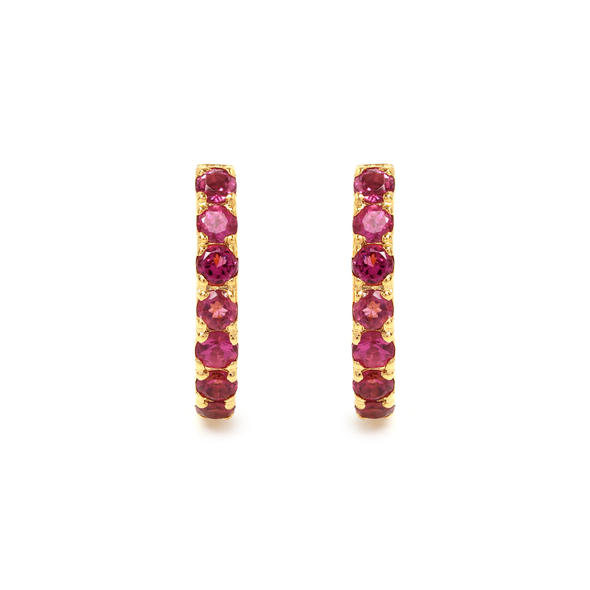 Pink tourmaline gemstone huggie hoops in 18K gold — detail view