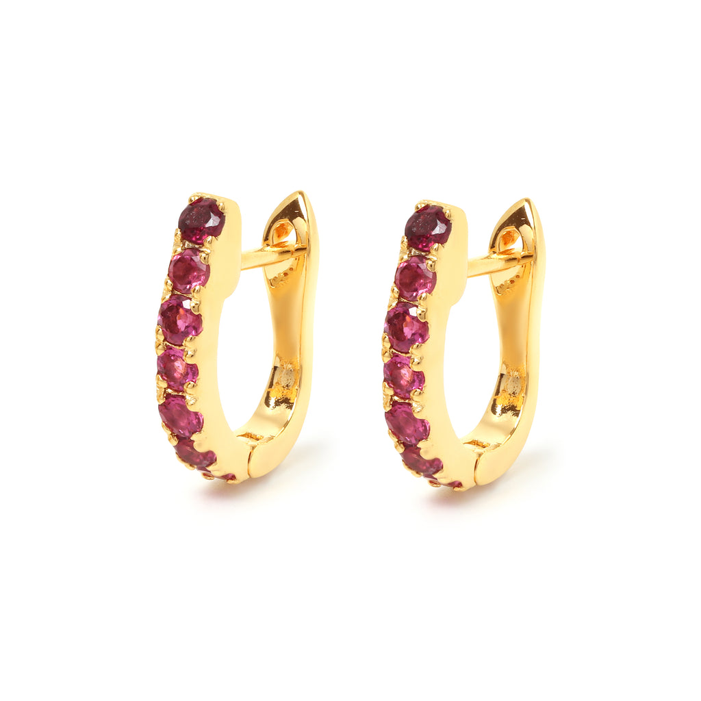Pink tourmaline huggie hoop earrings in 18K gold plated sterling silver by Jewelry By Crimson